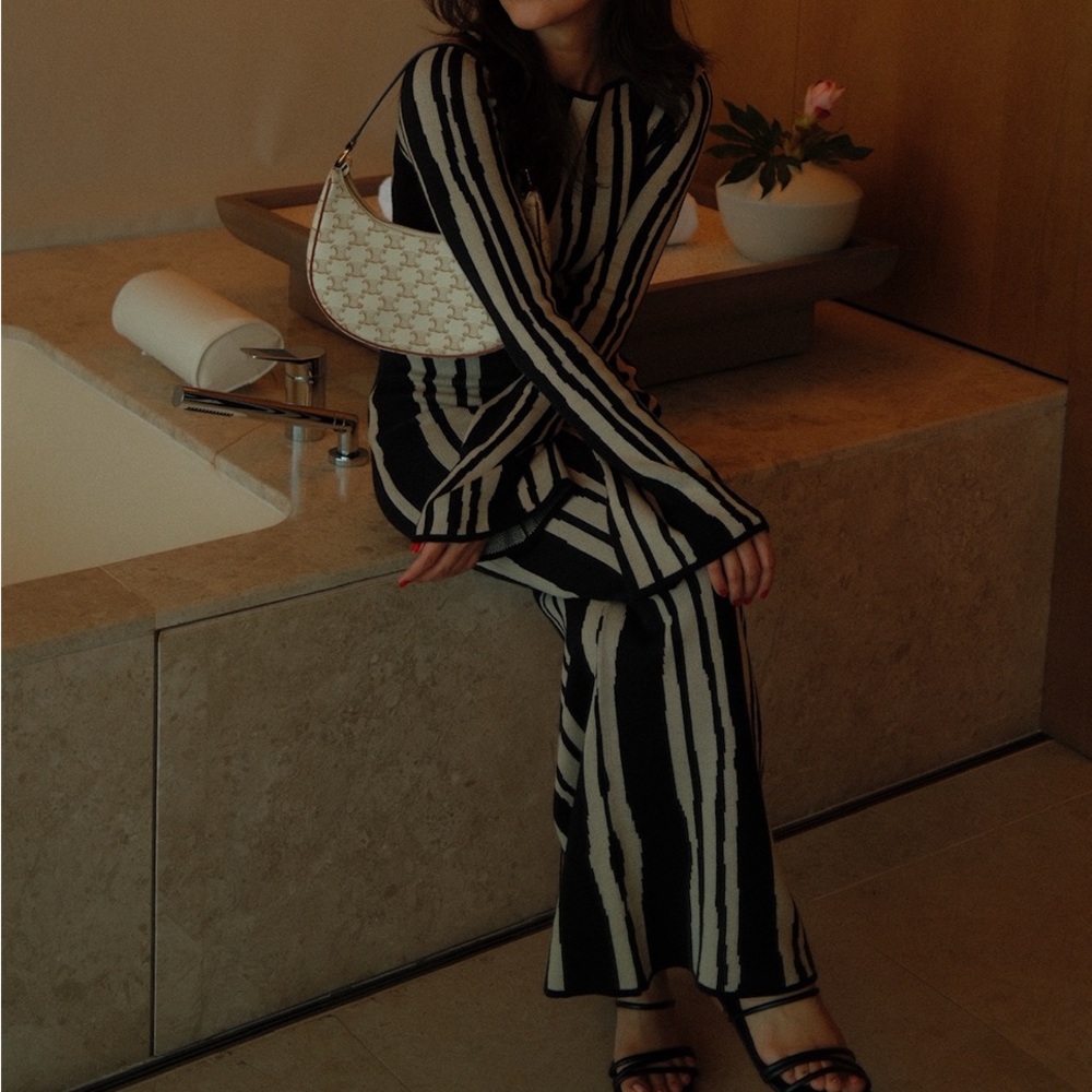 Black and White Long Sleeve Dress with Striking Stripes